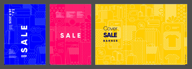 Sale banner. A set of vibrant promotional graphics for sales, each panel themed in monochrome colors with playful designs and bold typography, tailored for marketing and advertisements