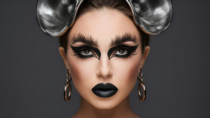 Wall Mural - A captivating close-up portrait of a model showcasing a stunning and avant-garde makeup look.