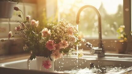 Wall Mural - Flowers in a vase on a kitchen sink