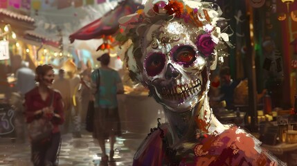 Wall Mural - Portrait of female zombie with painted skull face, sends air kiss, expresses love, celebrates day of death, prays for family members who died comes on Mexican holiday or festival has halloween makeup.