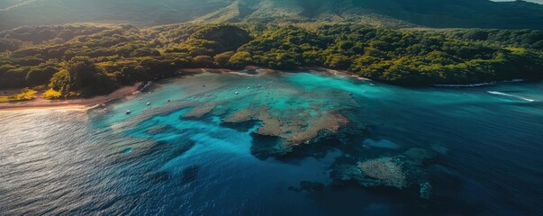 Wall Mural - Aerial view of a beautiful coastline with lush greenery, turquoise waters, and rocky cliffs under sunlight.