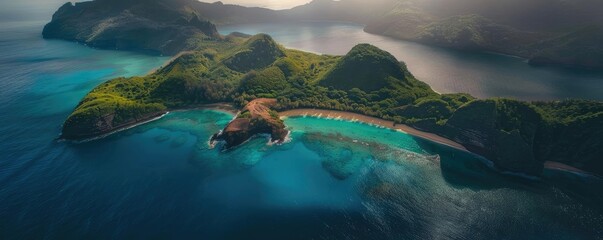 Wall Mural - Aerial view of a tropical island with lush greenery, sandy beaches, and clear blue waters surrounded by mountains and ocean.