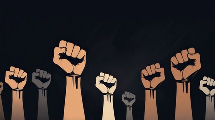 Wall Mural - illustration of Raised hands fist on dark abstract background. Human rights and freedom concept focus background with copy space. Raised fist against Background. Social justice Protest, demonstration.