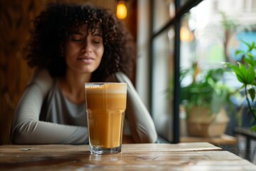 Woman enjoying coffee at cafe table with fresh beverage, blurred background, copy space