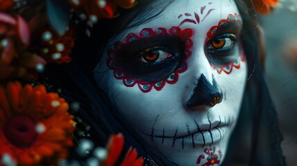 Wall Mural - Portrait of female zombie with painted skull face, sends air kiss, expresses love, celebrates day of death, prays for family members who died comes on Mexican holiday or festival has halloween makeup.