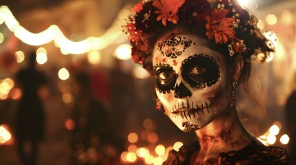 Wall Mural - Portrait of female zombie with painted skull face, sends air kiss, expresses love, celebrates day of death, prays for family members who died comes on Mexican holiday or festival has halloween makeup.