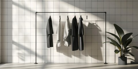 Wall Mural - Minimalist Clothing Display in a White Tiled Room
