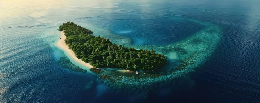 Aerial view of a beautiful tropical island surrounded by deep blue ocean and coral reefs, nestled in a serene and remote location.