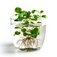 Wall Mural - Clipart illustration of creeping fig growing in water in a clear glass pot, on a white background, suitable for home decoration.[A-0001]