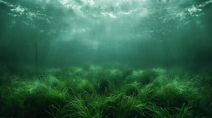 Wall Mural - Underwater scene with sunlight filtering through the water, illuminating a lush bed of green aquatic plants.