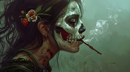 Wall Mural - Portrait of female zombie with painted skull face, sends air kiss, expresses love, celebrates day of death, prays for family members who died comes on Mexican holiday or festival has halloween makeup.