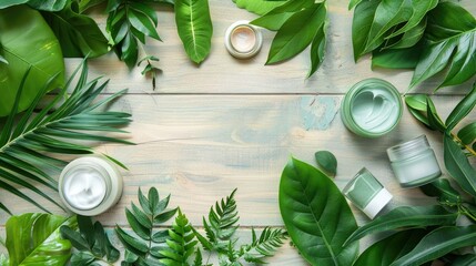 Wall Mural - Green leaves on wooden background Organic beauty products display flatly