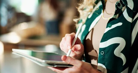Poster - Office, woman and hand with stylus on tablet for communication, networking and research for project. Graphic design, agency and person with technology at work for digital news, report and planning