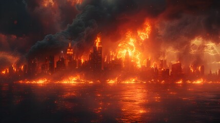 Poster - Apocalyptic Cityscape Ablaze in Hellish Fiery Inferno Devastating Urban Disaster Scene