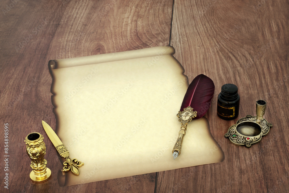 Parchment paper scroll with old feather quill pen, ink, letter opener ...