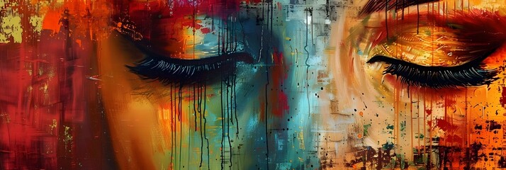 Fototapete - Captivating Colorful Facial Expression of Emotional Digital Painting with Vibrant Splashes and Textures