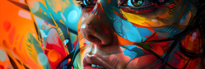 Poster - Captivating Colorful Facial Portrait with Imaginative Digital Artwork