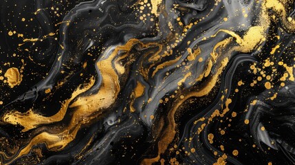 Wall Mural - Abstract black marble background with golden swirls and specks