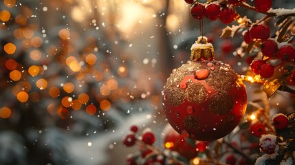 Poster - Classic Red and Gold Christmas Ornament Hanging on Snow Covered Branch with Bokeh Lights Background