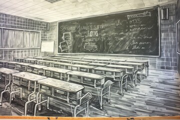 Wall Mural - Vibrant chalk art mural depicting a teacher's desk, blackboard, and rows of empty desks in a classroom setting, on a bright white background.