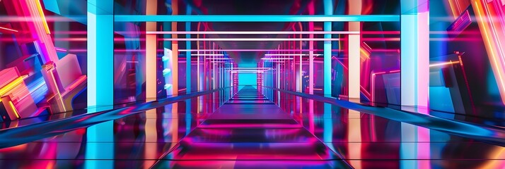 Leinwandbilder - Dazzling Futuristic Neon Corridor with Geometric Patterns and Radiant Illumination