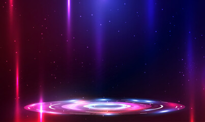 Poster - Futuristic digital technology stage or podium for show product. Digital futuristic HUD. Sci-fi space teleports. Magic portals, HUD hologram projector. GUI, UI. Virtual reality. Science tech Vector.