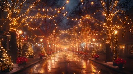 Aufkleber - Enchanted Winter Wonderland Twinkling Holiday Lights Adorn a Cozy Suburban Street at Night