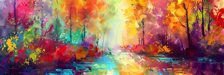 Poster - Enchanting Autumn Forest Landscape with Vibrant Foliage and Serene Waterway