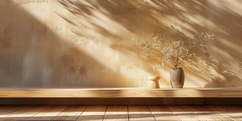 Wall Mural - Minimalist Interior with Wooden Shelf and Dried Flowers