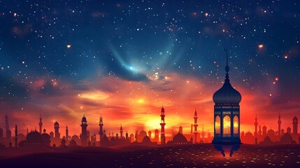 Aufkleber - Enchanting Dusk Over Ornate Cityscape with Illuminated Mosque Silhouettes