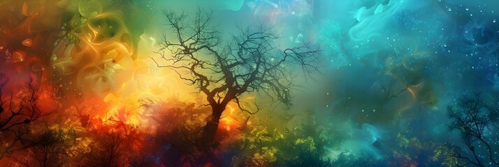 Wall Mural - Enchanting Ethereal Landscape of Cosmic Twilight Forest with Celestial Silhouetted Trees and Starry Nebula Sky