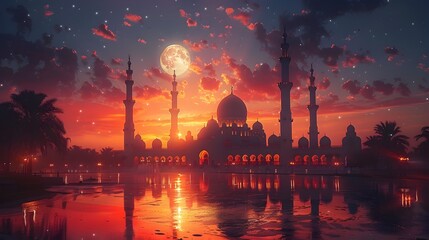 Aufkleber - Enchanting Mosque at Vibrant Sunset with Mesmerizing Reflections