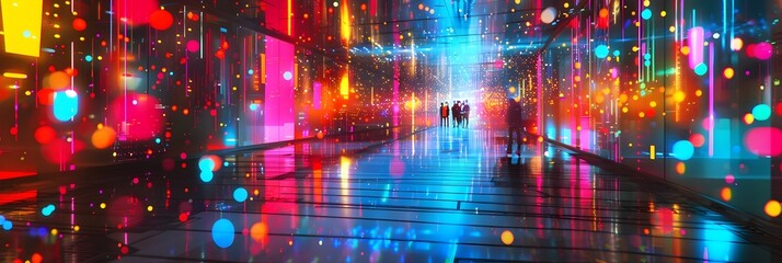 Poster - Enchanting Rainy Night in a Vibrant Neon Lit City Street with Reflective Puddles and Blurred Lights
