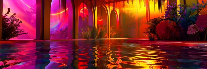 Aufkleber - Ethereal Aquatic Landscape with Vibrant Reflections and Glowing Architectural Elements