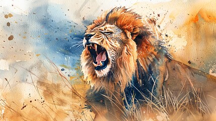 Canvas Print - A watercolor painting of a roaring lion in a grassy field.