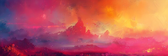 Poster - Fiery Celestial Landscape with Volcanic Mountains and Glowing Cosmic Clouds