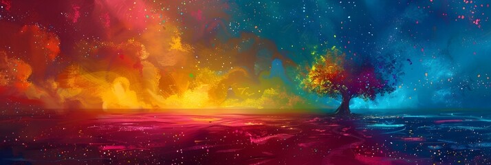 Wall Mural - Fiery Cosmic Landscape with Enchanting Ethereal Tree