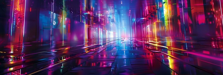 Poster - Glowing Futuristic Cityscape with Vibrant Neon Lights and Blurred Motion in Inspired Urban Tunnel