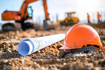 Wall Mural - safety helmet with building blueprint