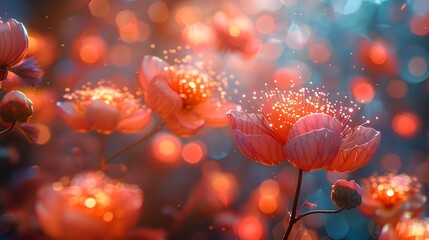 Poster - Glowing Red Flowers in Dreamy Ethereal Landscape