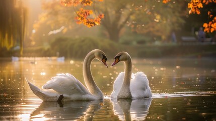 Wall Mural - Elegant white swans gliding in park pond