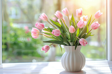 Wall Mural - Pink tulips in a white vase on a windowsill, with sunlight streaming through the window