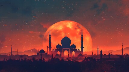 Aufkleber - Majestic Moonlit Silhouette of an Iconic Middle Eastern Mosque against a Dramatic Sunset Sky