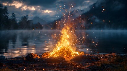 Aufkleber - Mesmerizing Campfire Reflects on Serene Lake at Dramatic Dusk
