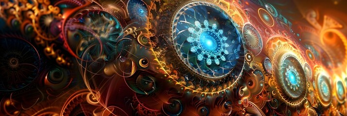 Poster - Mesmerizing Cosmic Kaleidoscope of Vibrant Fractal Patterns and Swirling Digital Shapes