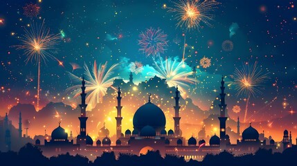 Aufkleber - Mesmerizing Fireworks Display over Iconic Domed Mosque in Vibrant of Culture and Tradition