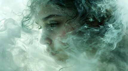 Poster - Mesmerizing Misty Portrait of a Captivating Ethereal Presence Exuding an Enigmatic and Emotive Aura in a Cloudy Atmospheric Scene