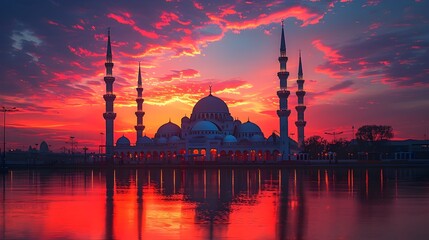 Aufkleber - Mesmerizing Sunset Over an Iconic Islamic Mosque Skyline with Reflected Splendor