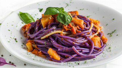 Wall Mural - Colorful Vegetarian Delight: Purple Spaghetti with Fresh Vegetable Rag� Stock Photo