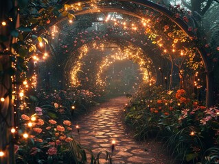 Wall Mural - Enchanted garden with glowing fairy lights, whimsical pathways, and a magical atmosphere